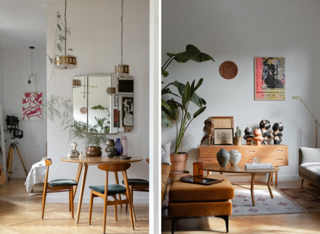 Vintage salon z jodełką francuską na podłodze i pomarańczową kanapą