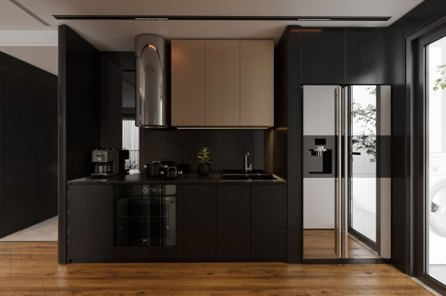 czarne meble kuchenne, czarne AGD ekspres do kawy, piekarnik