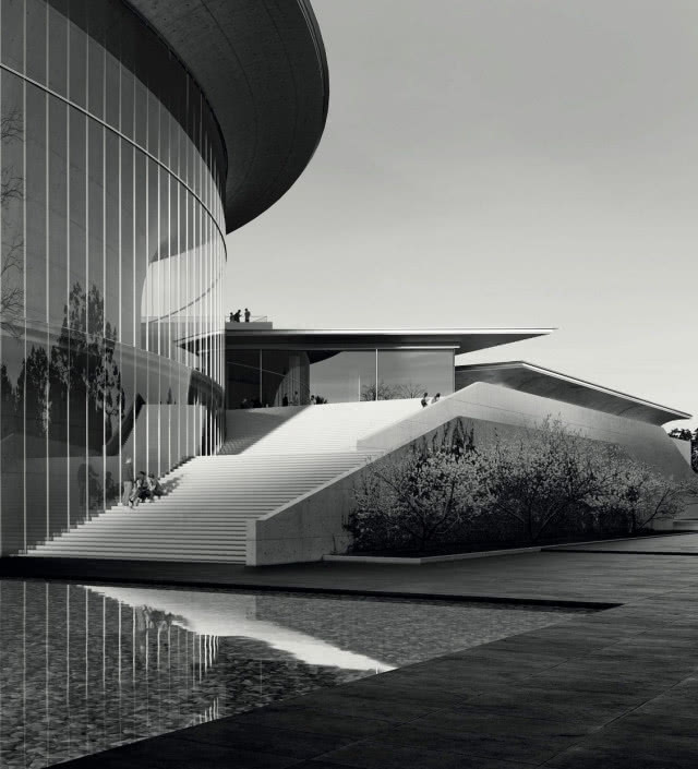 zdjęcie biało-czarne, muzeum widziane z zewnątrz 