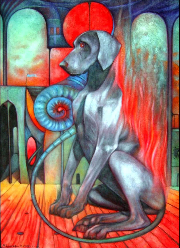„Płonący pies” (2008), olej na płótnie, 50 x...