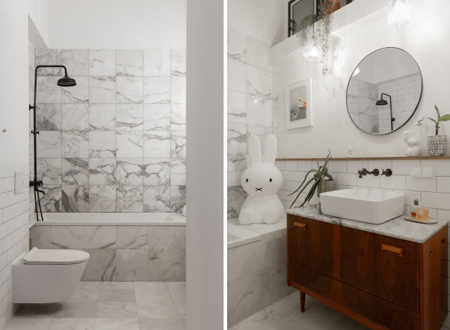 Biała łazienka z drewnem vintage