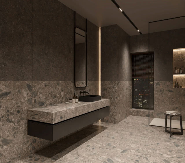 kabina prysznicowa, czarna umywalka nablatowa, lustro w czarnej ramie, stołek, okno