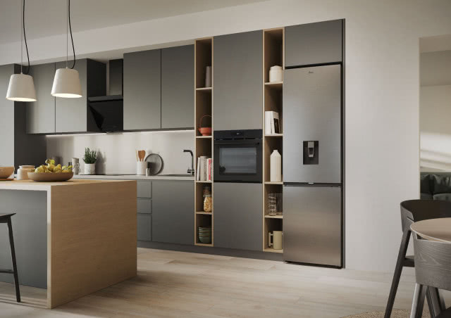 kuchnia, piekarnik, wyspa kuchenna, stół z krzesłami