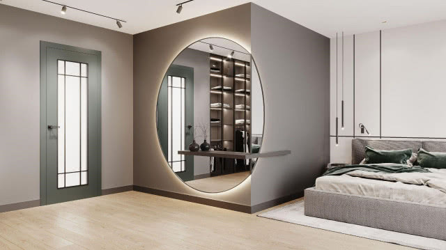 wnętrze w stylu loftowym z drzwiami SOHO, duże owalne lustro, półki, duże łóżko
