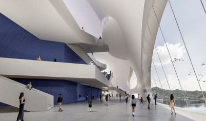 Teatr przypominający falującą wodę - gigantyczny projekt nad rzeką Jangcy