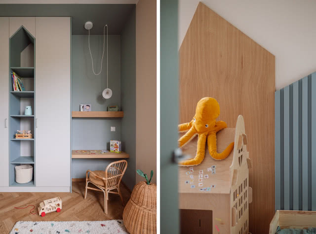 pokój dziecka w drewnie i odcieniach niebieskiego