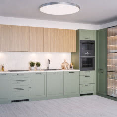 Szałwiowa elegancja i ciepło drewna - harmonijne wnętrze z kolekcją Qubik