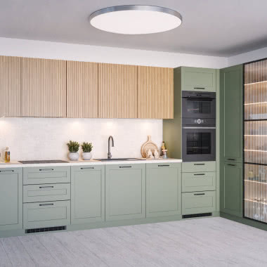 Szałwiowa elegancja i ciepło drewna - harmonijne wnętrze z kolekcją Qubik