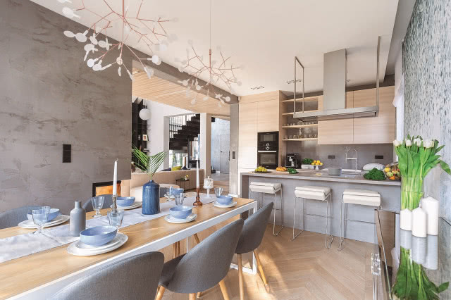 Nowoczesny salon połączony z kuchnią