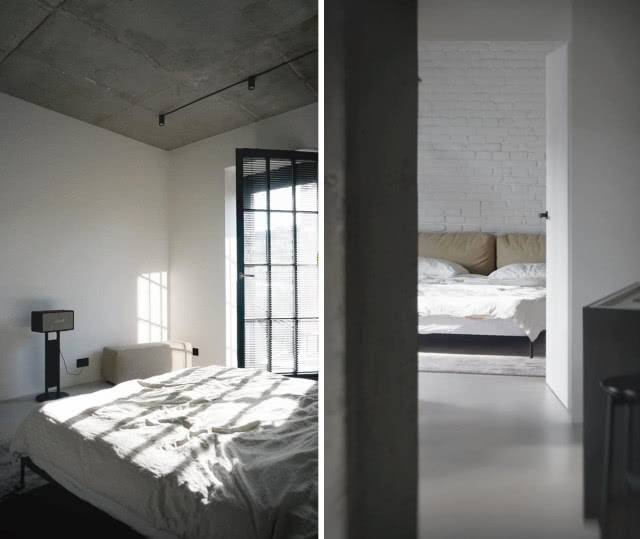 Sypialnia w betonie i z dużym oknem