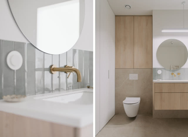 jasna łazienka w drewnie i zieleni