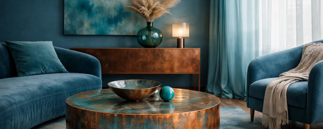 Turkusowa miedź wchodzi do wnętrz. Jeden z ciekawszych trendów 2026 roku