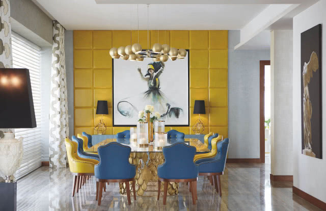 żółta ściana w jadalni