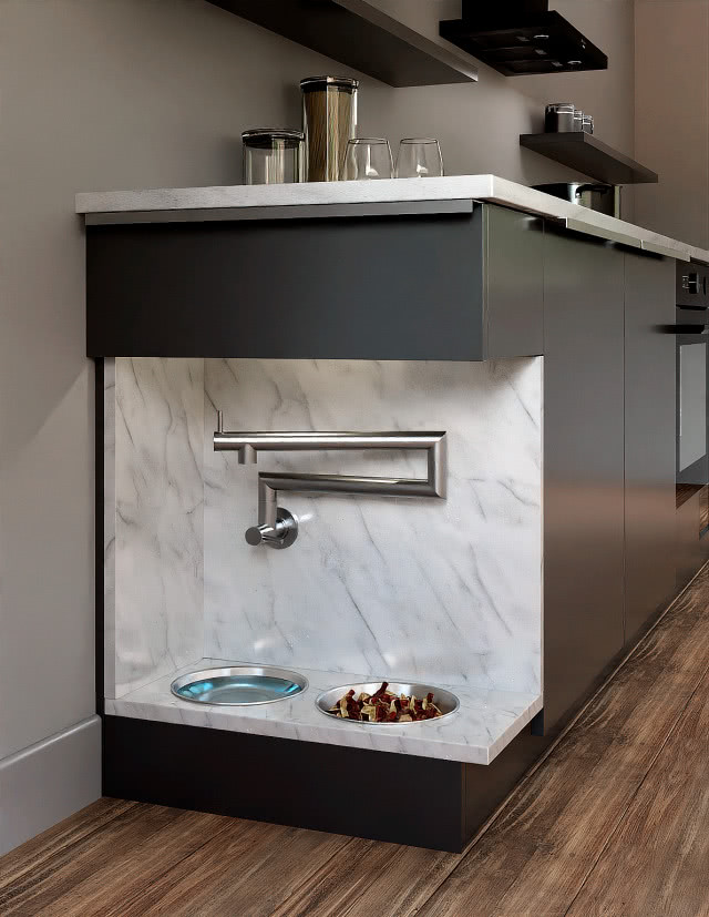 kran zamontowany w bocznej ścianie szafki, drewniana podłoga, czarne fronty kuchenne, miski z jedzeniem i piciem dla zwierząt, szklanki, półki