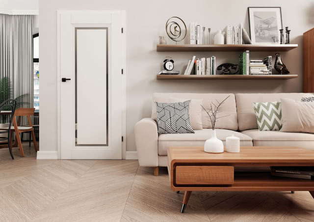 białe drzwi z przeszkleniem, kanapa, stolik kawowy, jodełka na podłodze, półki, poduszki ozdobne