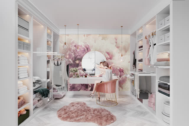 garderoba, toaletka z dużym okrągłym lustrem, fotel, dywan, wieszaki na ubrania, ręczniki, półki, koce, pudełka na drobiazgi, pudła na kapelusze, oświetlenie sufitowe, tapeta z motywem roślinnym - kwiat