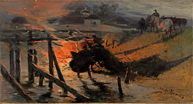 obraz Józef Brandt Pożar mostu w kresowym miasteczku