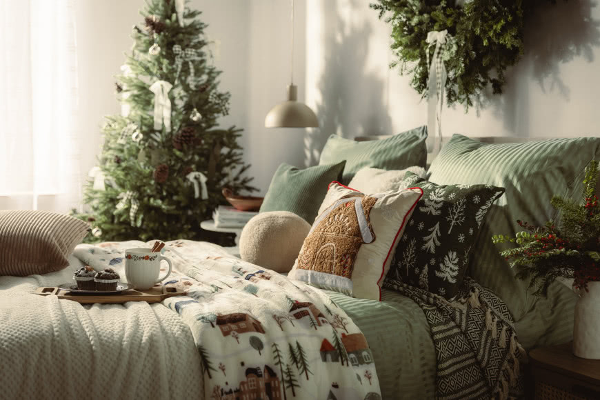 Sypialnia w świątecznym wydaniu - stonowana zieleń i miękkie tekstylia na pierwszym planie