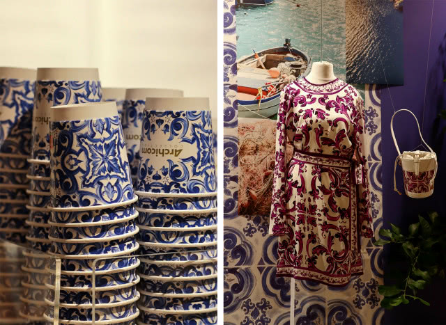 Papierowe kubki i sukienka inspirowane sycylijską ceramiką na wystawie „La Dolce Vita” w Archicom Collection Gallery.