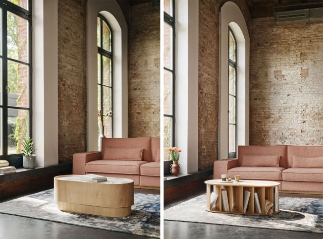 sofa, stolik kawowy, cegła na ścianie, dywan, duże okna z łukami, klimatyzacja, kwiaty w wazonie, książki