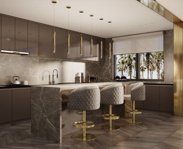 nowoczesna kuchnia i szara roleta