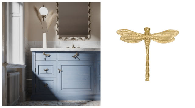 Dragonfly - mosiężne uchwyty meblowe. Dragonfly S 80 x 95 x 30 mm od 130 zł, Dragonfly M 140 x 155 x 35 mm od 180 zł