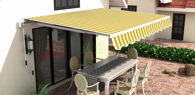 ujęcie z góry, żółta markiza w paski