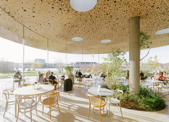 wnętrze szklarni z kawiarnią