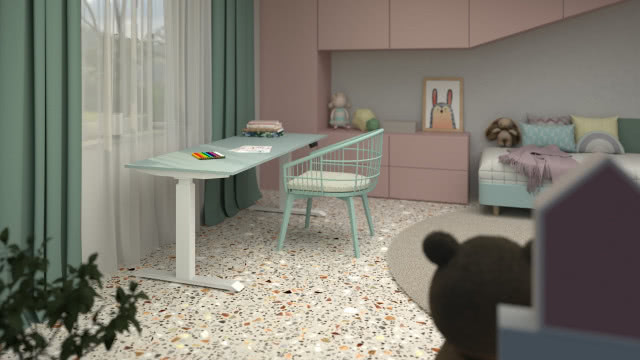 pokój dla dziewczynki, łóżko, zabawki, zasłony, firany, meble w kolorze pudrowego różu, biurko, krzesło