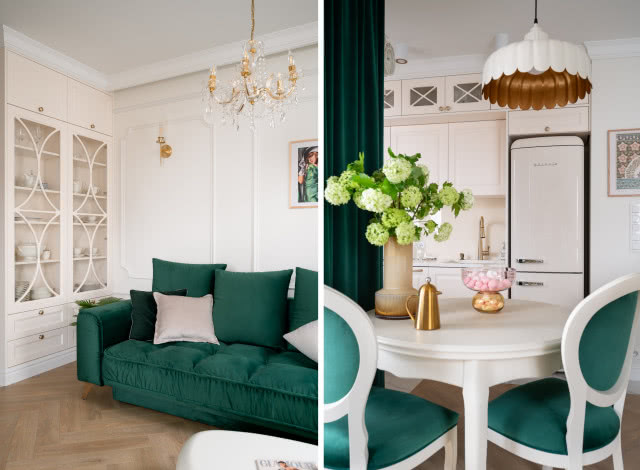 Zielona kanapa w salonie ze sztukaterią i kryształowym żyrandolem