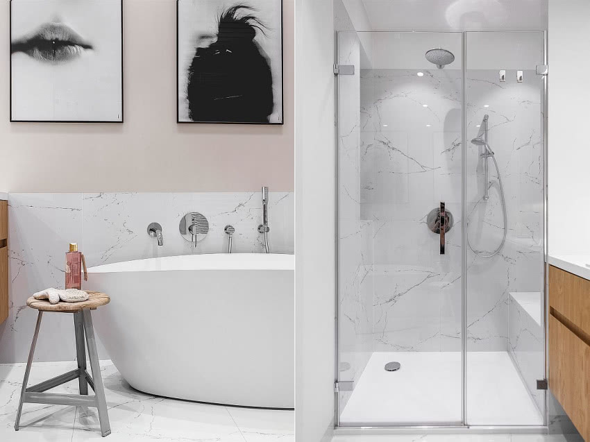 Chociaż w łazience postawiono na klasyczny...