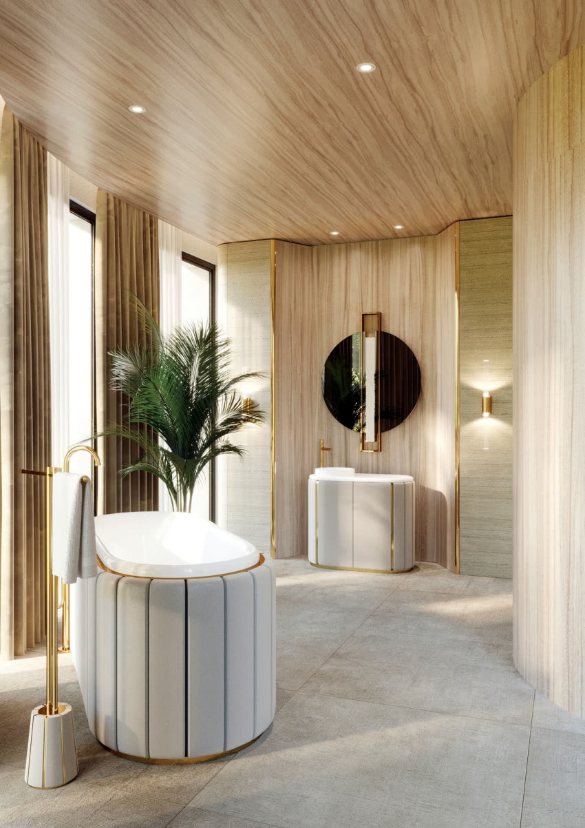 Tutaj drewniane są zarówno ściany z płytek...