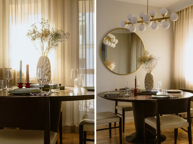 jadalnia w beżu i ciemnym drewnie