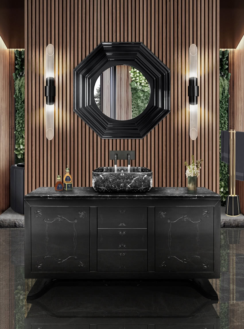 Drewno z czernią sprawiają, że łazienka ma...