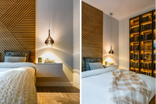 drewniana ściana za łóżkiem w sypialni