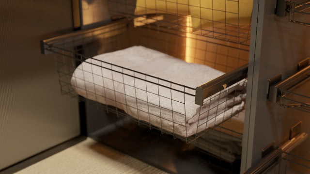 ażurowa szuflada na ręczniki, pościel i ubrania, system wysuwny