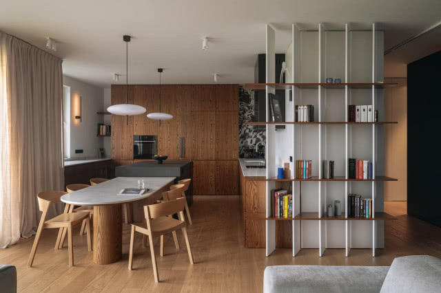 salon z kuchnią, jadalnią i salonem aranżacja