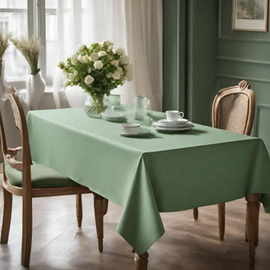 zielony obrus, duży stół z krzesłami, jodełka na podłodze, firany