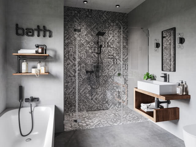 kabina prysznicowa, mozaika na ścianie, półki, wanna, czarna bateria umywalkowa i wannowa, prostokątne lustro, sedes