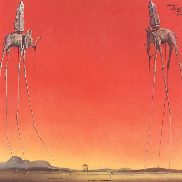 dwa słonie na długich cienkich nogach na czerwonym tle