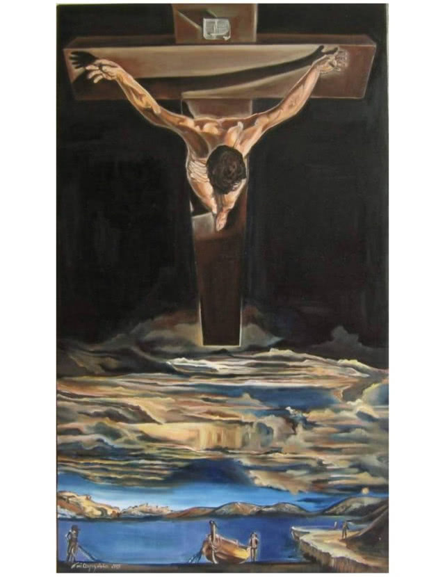 dramatyczny kąt, pod jakim ukazany jest krzyż z Chrystusem