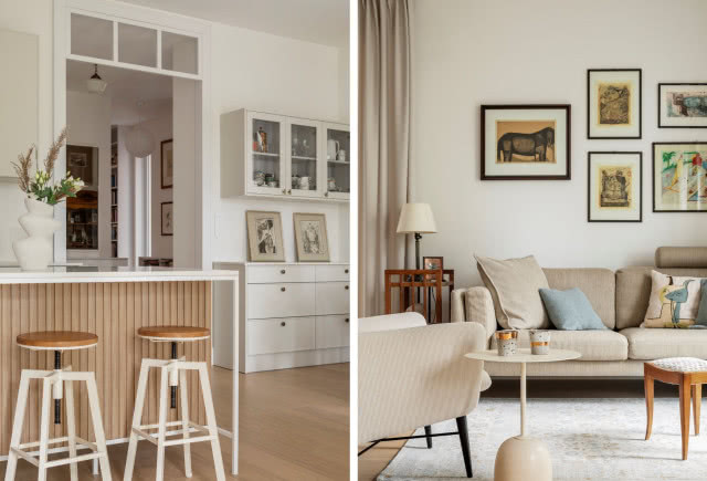 beżowy salon z aneksem kuchennym i drewnianą wyspą