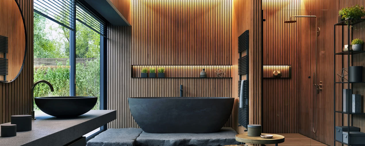 Czarna łazienka z drewnem - najpiękniejsze aranżacje
