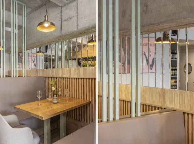 Kawiarnia z lastryko na podłodze i betonową ścianą