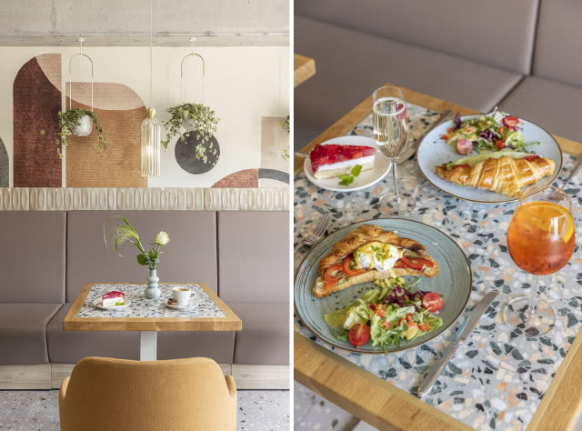 Kawiarnia z lastryko na podłodze i betonową ścianą