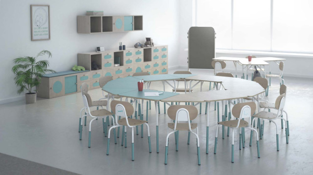 Zestaw mebli szkolnych dla firmy PILCH z Ustronia zaprojektowany przez firmę ALGORYTM DESIGN, projektanci Klaudia Gołaszczyk, Michał Biernacki, Paweł Mularczyk