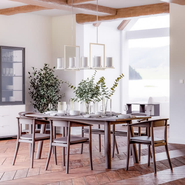 duży stół w jadalni, krzesła, lampy wiszące nad stołem, belki na suficie