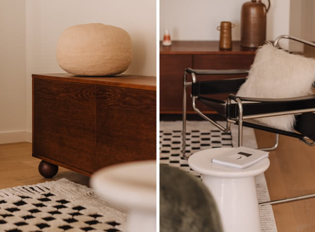 Kultowy fotel Knolla i czarno-biały dywan w szachownicę