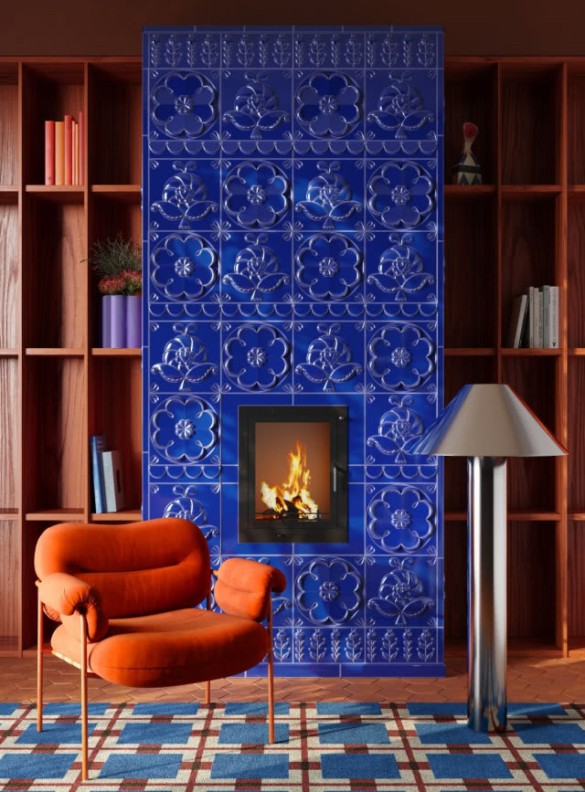 niebieskie kafle obudowa kominka