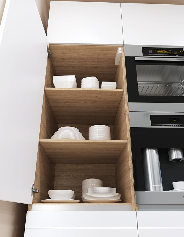 rozwiązanie z cichym domykiem Push to Open Silent, ekspres do kawy do zabudowy, mikrofalówka do zabudowy, zastawa stołowa, talerze, miseczki, białe fronty kuchenne